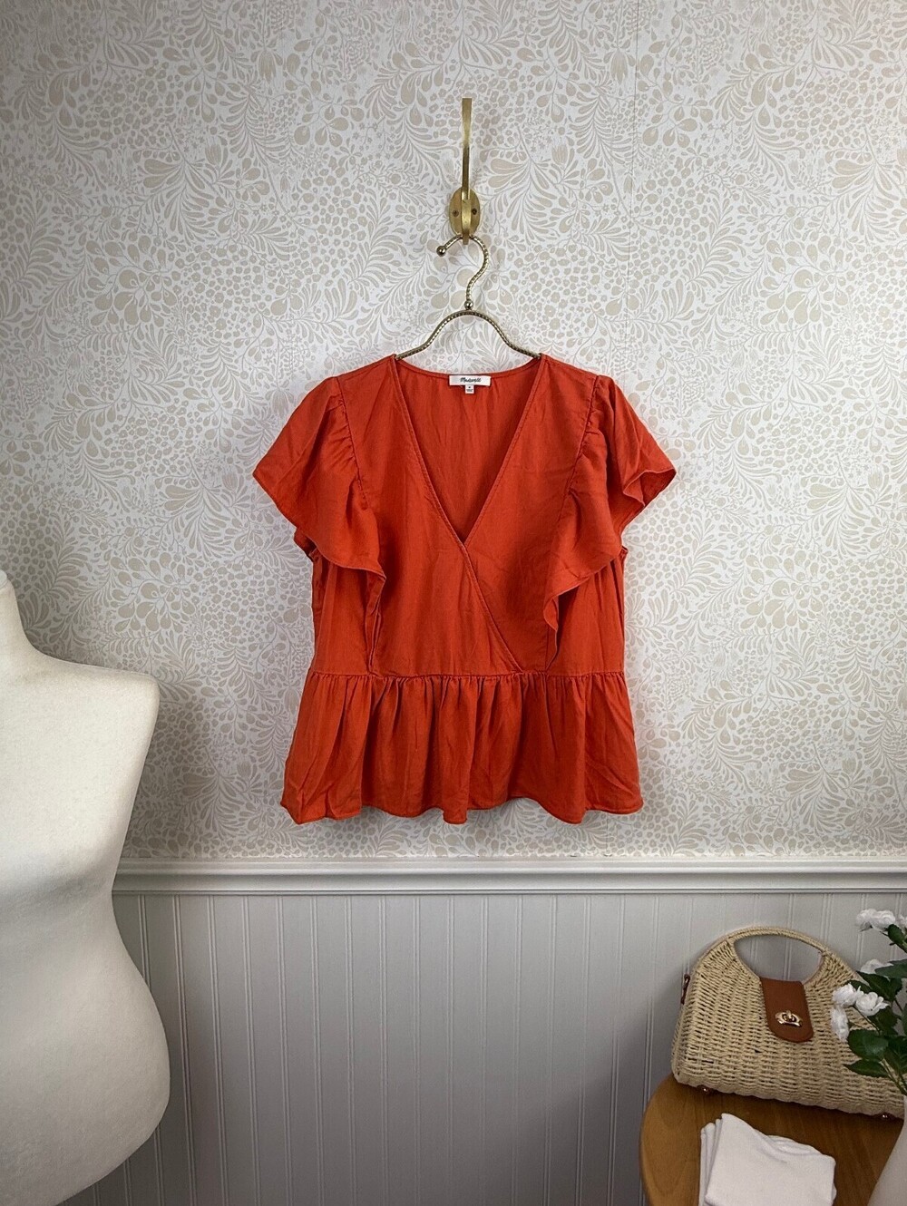 Madewell Rusted Clay Linen-Blend Flutter-Sleeve Peplum Top - Size - Medium